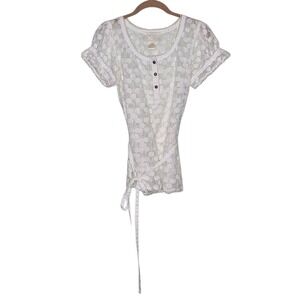 Nick & Me Sheer Lace Cottagecore White M Short Sleeve Button Up Top‎ Belt Bow
